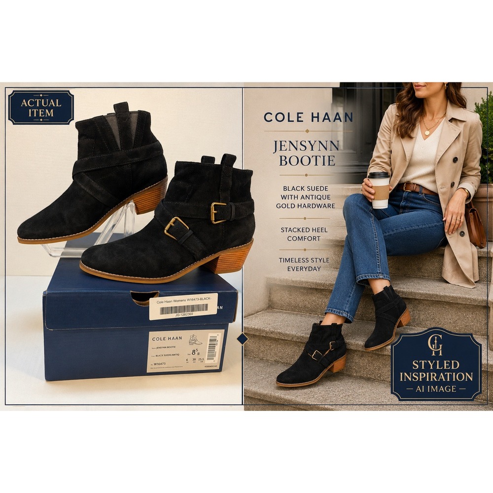 Cole Haan Jensynn Bootie Womens W16473 Black Suede 8.5 B Like New Dark Academia